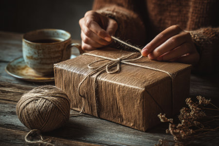 In a warm and inviting setting, hands wrap twine around a rustic box with care, accompanied by a steaming cup of coffee, creating a sense of tranquility.の素材