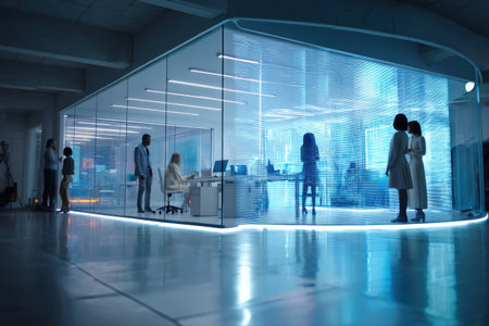 Innovative office with AI holographic displays and cinematic lighting fosters collaboration among business professionals.の素材