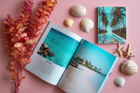 Colorful travel brochures display inviting tropical beach scenes, with shells and foliage adding to the wanderlust experience. Discover your next adventure.の素材