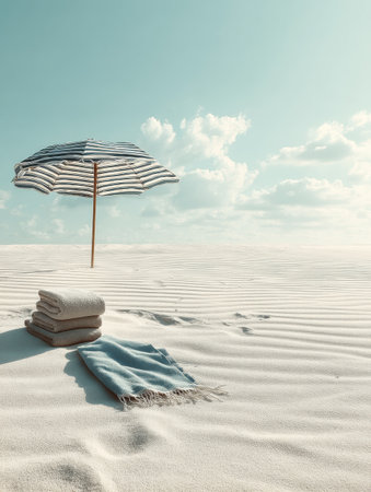 A tranquil beach setting featuring a striped umbrella and neatly arranged towels on the pristine white sand, perfect for a day of relaxation.の素材