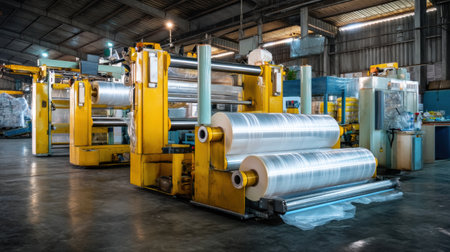 A stretch film wrapping machine is actively used in an industrial warehouse, with cinematic lighting highlighting its functionality and the surrounding area.の素材