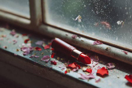 A bright red, melted lipstick lies on a warm windowsill, accompanied by a colorful arrangement of flower petals that evoke a sense of beauty and warmth.の素材