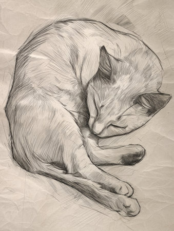 A delicate sketch captures a cat curled up in a sleeping position, showing its peaceful nature against a soft, calming background.の素材