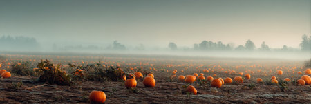 Soft morning fog envelops the pumpkin patch, highlighting the vibrant orange pumpkins that dot the landscape in a serene rural setting.の素材