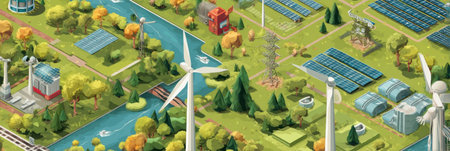 This isometric view presents a vibrant renewable energy park with wind turbines and solar panels set amid lush greenery and water features.の素材