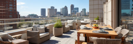 Enjoy a lavish picnic experience on a stylish rooftop with a stunning view of a vibrant city skyline during bright daylight hours.の素材