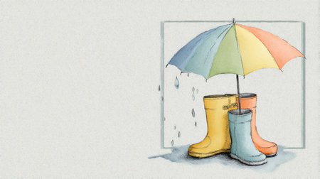 Bright pastel umbrella stands with yellow, blue, and orange rain boots, evoking a joyful mood in a blank, rain-themed setting ready for a downpour.の素材