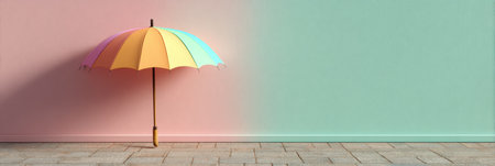 A vibrant umbrella leans casually against a soft pastel wall, adding a playful touch to the quiet atmosphere of the indoor environment.の素材