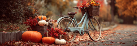 A charming vintage bicycle parked by the path, its basket filled with vibrant pumpkins and autumn leaves, showing the beauty of fall.の素材