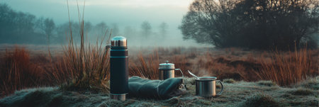 Sipping warm coffee from a thermos while enjoying a serene picnic in a misty field at dawn, surrounded by soft grass and distant treesの素材