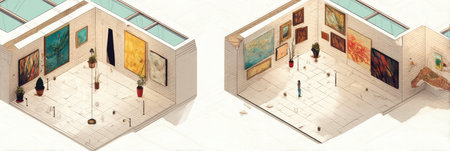 Step into a unique isometric art gallery filled with floating artworks and sculptures, offering a fresh perspective on contemporary creativity and design.の素材