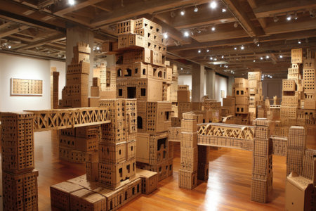Unique cardboard structures transform the gallery into a creative urban landscape, highlighting intricate architectural design.の素材