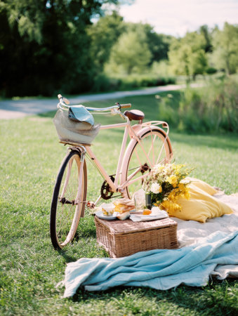 A quaint picnic is arranged on the grass with a vintage bicycle nearby, featuring fresh flowers, a basket, and cozy blankets under warm sunlight.の素材