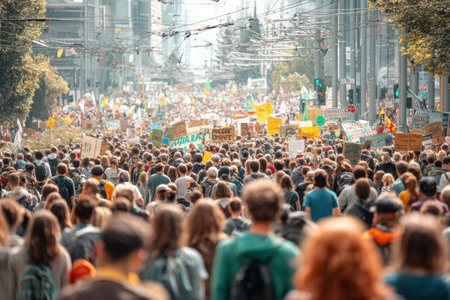 A lively crowd of climate activists fills the streets with signs encouraging immediate action to combat climate change and protect the planet.の素材