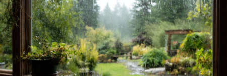 Raindrops create trails on the window as the lush garden comes into view, highlighting the tranquility of a rainy afternoon filled with greenery.の素材