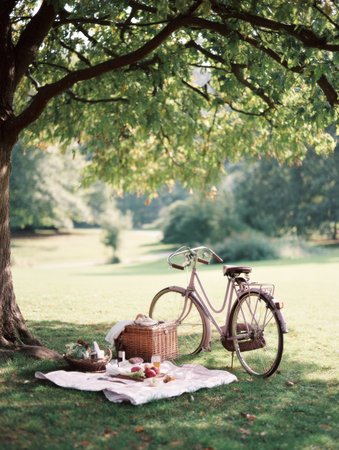 A serene picnic unfolds under a leafy tree with a vintage bicycle nearby, featuring an inviting spread of food and drinks on a cozy blanket in the park.の素材