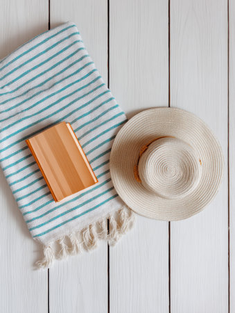 Relax on a beach towel with a chic hat while reading a captivating book under the warm sun. Perfect escape on a breezy summer afternoon.の素材