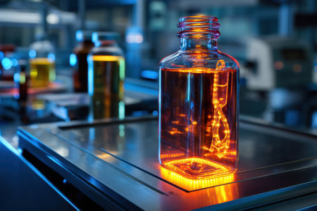 In a sterile, high-tech laboratory, a glowing medicine bottle stands out amidst advanced equipment, casting a vibrant light in the surrounding area.の素材