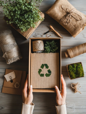 Hands carefully arrange biodegradable materials inside a sustainable box on a rustic wooden table surrounded by natural elements and twine.の素材
