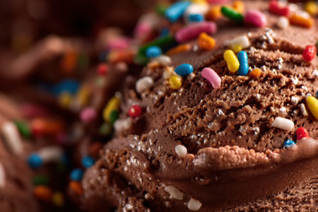 Rich chocolate ice cream begins to melt, revealing smooth texture and vibrant sprinkles that add sweetness and color on a warm day.の素材