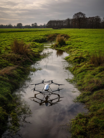 A courier drone hovers above a stream in a lush green field, its reflection showcased in the calm water under a cloudy sky, emphasizing rural tranquility.の素材