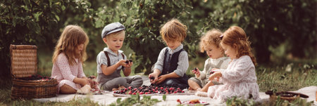 Five toddlers are engaged in smashing fresh berries while enjoying a delightful picnic in a vibrant garden, surrounded by greenery on a sunny day.の素材