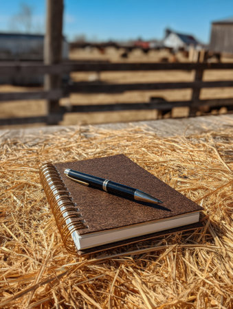 A notebook placed on a sunlit table, surrounded by straw, with a pen resting on it, capturing a serene moment on a tranquil farm.の素材