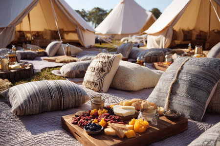 A delightful picnic is arranged under spacious tents, complete with comfortable pillows and a beautifully curated food spread. Enjoy the fresh air and comfort.の素材