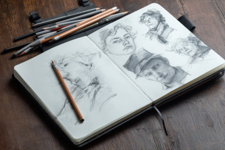 Open sketchbook reveals unfinished graphite studies of different faces, with several drawing tools scattered around on a wooden table, inviting creativity.の素材