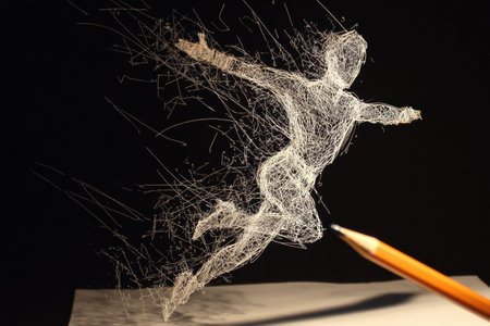 Pencil lines bring to life a dynamic figure mid-leap, creating an illusion of movement as it appears to soar through the air above a blank page.の素材