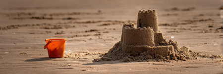 A delicate sandcastle sits crumbling on the warm beach sand, accompanied by a small red bucket, as gentle waves lap at the shore in the distance.の素材