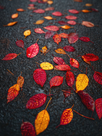 Scattered red and yellow leaves decorate a dark asphalt surface, showing the beauty of fall foliage on a cool day, bringing warmth to the pavement.の素材