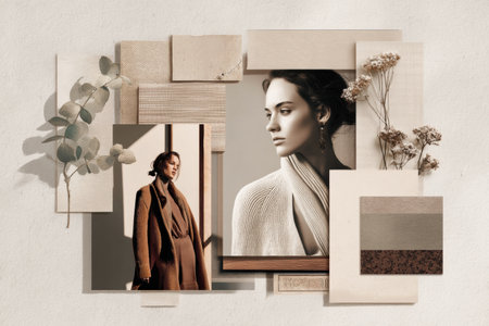 Collage captures modern elegance in fashion with neutral colors and textured elements. Includes stylish representations of contemporary attire and decor.の素材