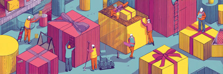 Workers are assembling a giant gift box in a vibrant warehouse while focusing on their tasks, creating an energetic atmosphere filled with color.の素材