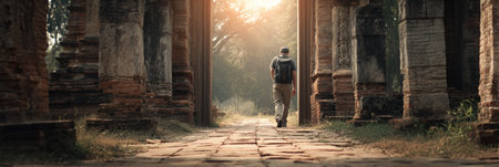 A traveler with a backpack enters the weathered stone gate of an ancient temple at sunset, surrounded by towering pillars and lush greenery.の素材