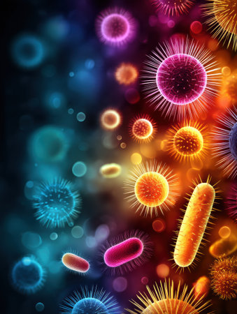 Brightly colored resistant bacteria are animated in a clean clinical environment, showing the diversity and beauty of microorganisms under study.の素材