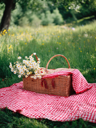 A red checkered picnic blanket is spread out on a sunny meadow, with a wicker basket filled with flowers placed on top, enhancing the tranquil atmosphere.の素材