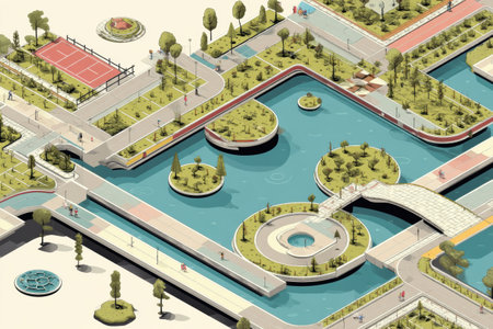 Joggers enjoy the well-designed paths while small lakes and greenery create a serene environment for fitness and relaxation in a vibrant urban park.の素材