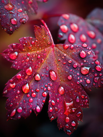 Close-up view of raindrops resting on a vibrant red leaf highlights the intricate details of nature while capturing the essence of a rainy day.の素材