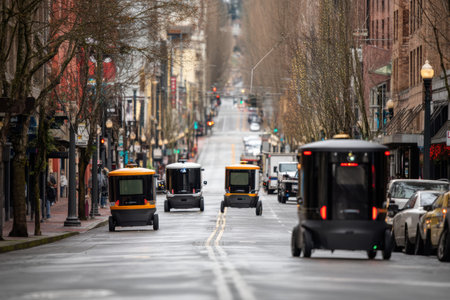 Multiple autonomous delivery vehicles travel along a city street filled with shops and pedestrians on a clear day, highlighting modern urban logistics.の素材