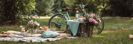 A beautiful picnic is arranged on the grass, featuring vintage decor, flowers, and a nearby bicycle under bright sunlight in a peaceful park.の素材