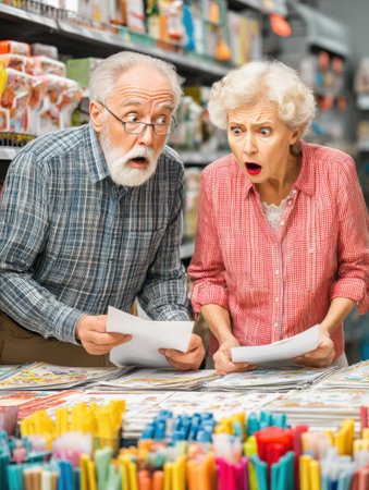 An elderly couple stands in a craft store, visibly shocked while examining price lists for various art supplies. Their surprised expressions capture the moment.の素材