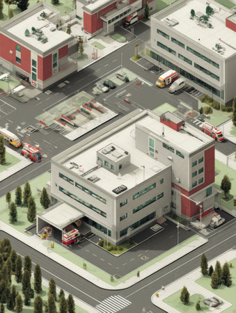 Detailed isometric representation of a hospital complex featuring several ambulance bays, helipads, and surrounding greenery in a bustling urban setting.の素材