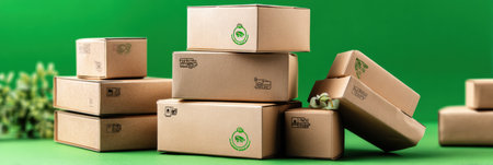 Eco-friendly parcels with a green delivery logo emphasize the importance of sustainable shipping in logistics.の素材