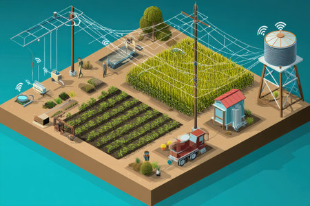 This modern farming field showcases smart agriculture practices with irrigation technology, crops, and a comprehensive system for effective management.の素材
