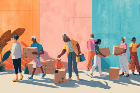 Customers actively gather packages at a lively market, showing diverse individuals engaged in the bustling environment under clear skies.の素材