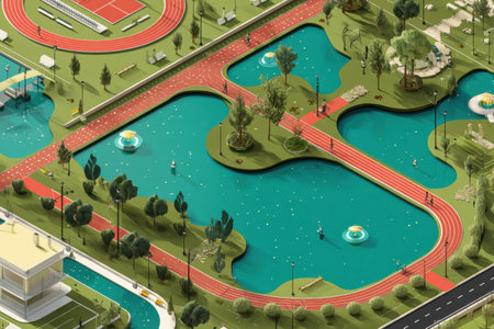Joggers traverse the winding tracks in a well-designed urban park, surrounded by tranquil lakes and lush greenery, perfect for outdoor activities and leisure.の素材