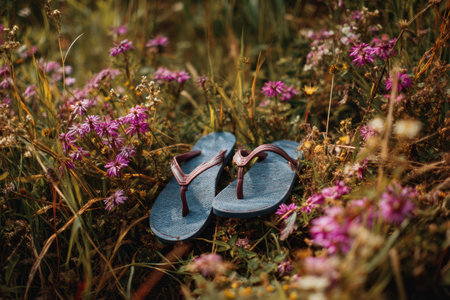 Abandoned sandals rest in a field of blooming flowers, showcasing a serene moment of natures beauty on a sunny day, inviting peaceful thoughts.の素材