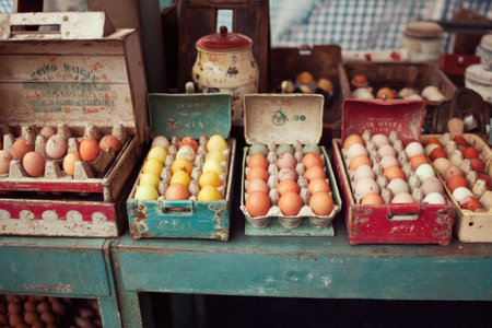 A vibrant market booth features eggs displayed in quaint vintage boxes, highlighting different colors and sizes, creating a nostalgic and inviting atmosphere.の素材