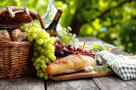 An overflowing picnic basket features a golden baguette, vibrant grapes, and a bottle of wine, inviting a relaxing outdoor gathering in a sunny atmosphere.の素材